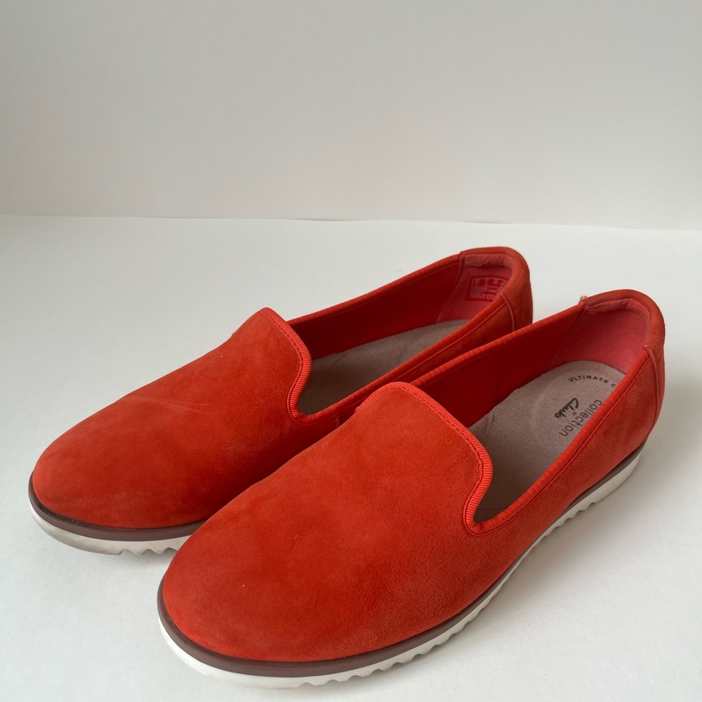 Clarks Collection Women’s Suede Slip-On Loafers—Orange Coral—Size 8.5
